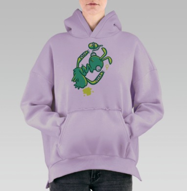 Зеленый забавный персонаж в динамике летит вниз, Hoodie Oversize Fiolet, утепленная