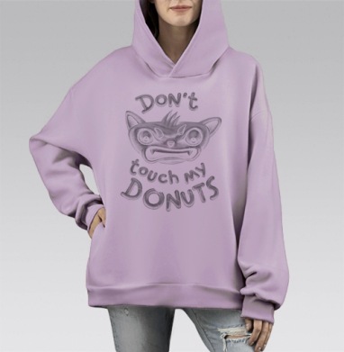 Злой кот с надписью Не трогай мои пончики черно-белый, Hoodie Mono Fiolet, оверсайз, утепленная