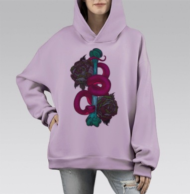 Змея обвивает кость с цветами Неон живопись эстетика, Hoodie Mono Fiolet, оверсайз, утепленная