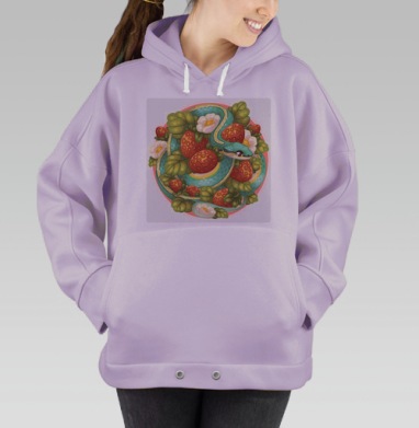 Змея с клубникой в зелёных листьях в ярких оттенках, Hoodie Oversize Fiolet