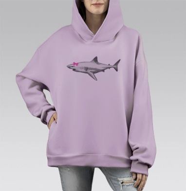Акула с розовым бантиком на голове милый морской объект, Hoodie Mono Fiolet, оверсайз, утепленная