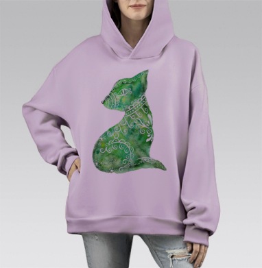 Акварельная кошка, Hoodie Mono Fiolet, оверсайз, утепленная