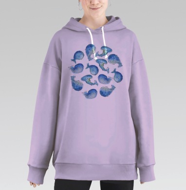Акварельные киты в кругу гармонии и мира, Hoodie Long Oversize Fiolet