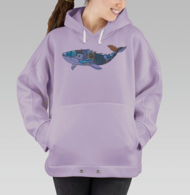 Акварельный механический кит в холодных оттенках с узорами, Hoodie Oversize Fiolet