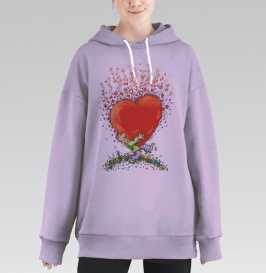 Человечек несёт красное сердце поток чувств, Hoodie Long Oversize Fiolet