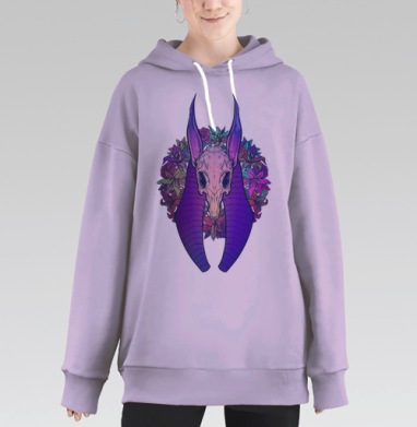 Череп животного с цветами фиолетовые длинные уши, Hoodie Long Oversize Fiolet