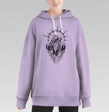 Черно белое сердце с огненными языками и ореолом, Hoodie Long Oversize Fiolet
