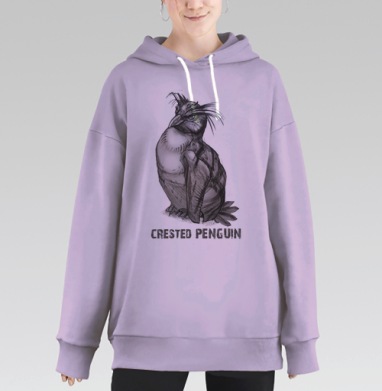 Черно белый пингвин с гребнем в карандаше, Hoodie Long Oversize Fiolet