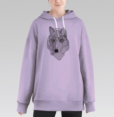 Черно Белый Волк с Зеленым Взглядом в Стиле Зенарт, Hoodie Long Oversize Fiolet