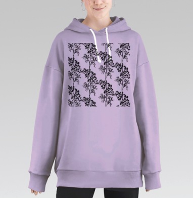 Черные ветви на сером фоне графика узор, Hoodie Long Oversize Fiolet