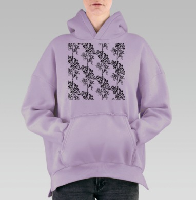 Черные ветви на сером фоне графика узор, Hoodie Oversize Fiolet, утепленная