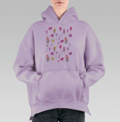 Цветочный паттерн на черном фоне, Hoodie Oversize Fiolet, утепленная