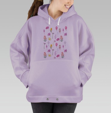 Цветочный паттерн на черном фоне, Hoodie Oversize Fiolet