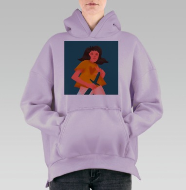 Девушка с мечом в оранжевой рубашке мощная сцена мечом, Hoodie Oversize Fiolet, утепленная