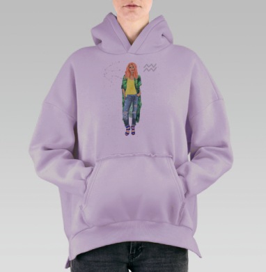 Девушка с розовыми волосами в рваных джинсах Водолей, Hoodie Oversize Fiolet, утепленная