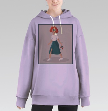 Девушка с веткой идет уверенным шагом вперед, Hoodie Long Oversize Fiolet