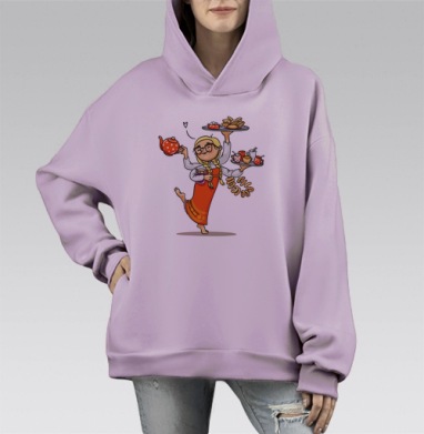 Девушка в русском костюме с пирожками и чаем поздравляет гостей, Hoodie Mono Fiolet, оверсайз, утепленная