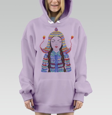 Девушка в яркой вязаной шапочке с косами голубой фон, Hoodie Mjhigh Dig Mel, Fiolet, утепленная
