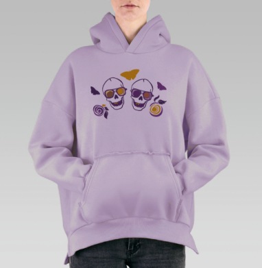 Два черепа в очках с бабочками и цветами дружные черепа, Hoodie Oversize Fiolet, утепленная