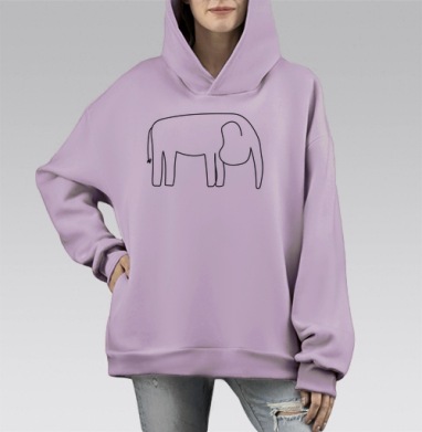 Элегантный контур слона графика на сером фоне, Hoodie Mono Fiolet, оверсайз, утепленная