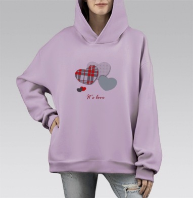 Тепло и нежность красных и зелёных сердец, Hoodie Mono Fiolet, оверсайз, утепленная
