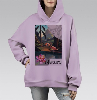 Фламинго в лесу, Hoodie Mono Fiolet, оверсайз, утепленная