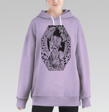 Женщина с рысью в декоративном платье среди листьев и узоров, Hoodie Long Oversize Fiolet