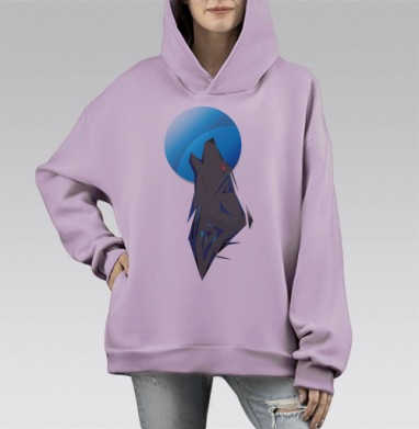 Геометрический волк воет на луну серый синий красный, Hoodie Mono Fiolet, оверсайз, утепленная