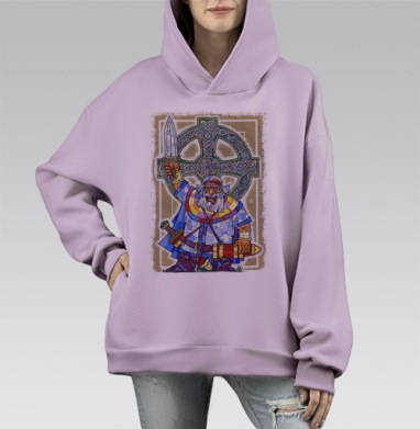 Героический воин с мечом и кельтским узором на фоне, Hoodie Mono Fiolet, оверсайз, утепленная