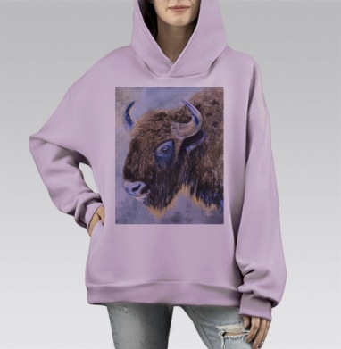Голова Буйвола Серо Синий Коричневый Акварель, Hoodie Mono Fiolet, оверсайз, утепленная