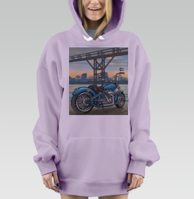 Голубой мотоцикл на фоне городской реки и моста, Hoodie Mjhigh Dig Mel, Fiolet, утепленная