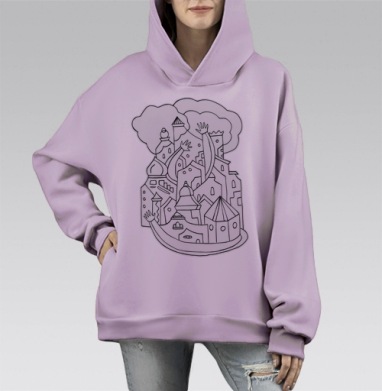Город с ожившими строениями руками принадлежит мне и тебе, Hoodie Mono Fiolet, оверсайз, утепленная