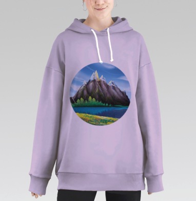 Горы Синий Водоём Жёлтые Цветы, Hoodie Long Oversize Fiolet