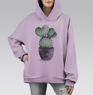Акварельный кактус в форме сердца, Hoodie Mono Fiolet, оверсайз, утепленная