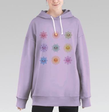 Кавайи Снежинки на белом фоне розовые сиреневый голубые оранжевые, Hoodie Long Oversize Fiolet