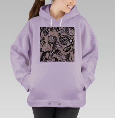 Коллекция морских ракушек бежевые черные узоры, Hoodie Oversize Fiolet