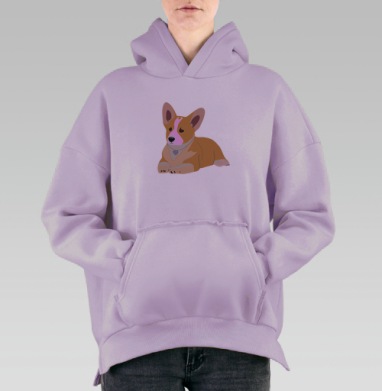 Корги с золотистыми косточками на белом фоне, Hoodie Oversize Fiolet, утепленная