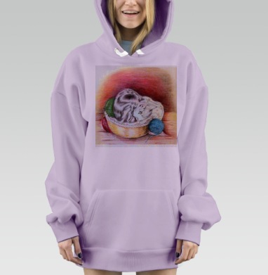 Кошка в корзине с пряжей уютная домашняя сцена, Hoodie Mjhigh Dig Mel, Fiolet, утепленная