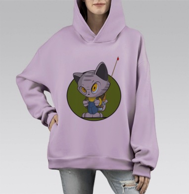 Мультяшный кот-рыболов в комбинезоне, Hoodie Mono Fiolet, оверсайз, утепленная