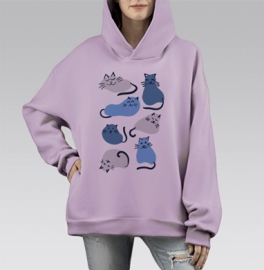 Коты в разных позах детский рисунок уютный милый, Hoodie Mono Fiolet, оверсайз, утепленная