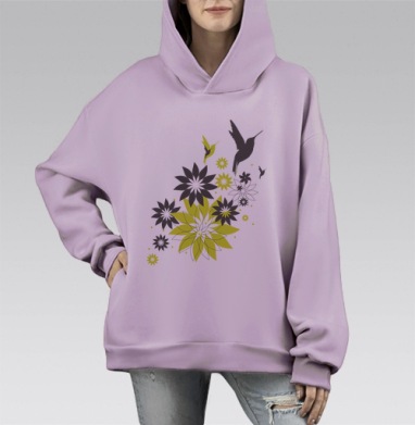 Красивая иллюстрация цветы и птицы летят, Hoodie Mono Fiolet, оверсайз, утепленная