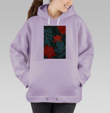Красные цветы и сине зеленые листья на темном фоне, Hoodie Oversize Fiolet
