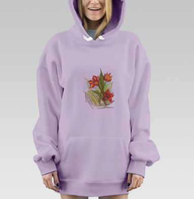 Красные цветы на зеленых листьях весенней свежести, Hoodie Mjhigh Dig Mel, Fiolet, утепленная