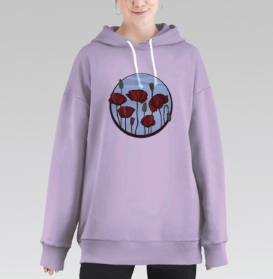 Красные маки на голубом фоне живой весенний мотив, Hoodie Long Oversize Fiolet