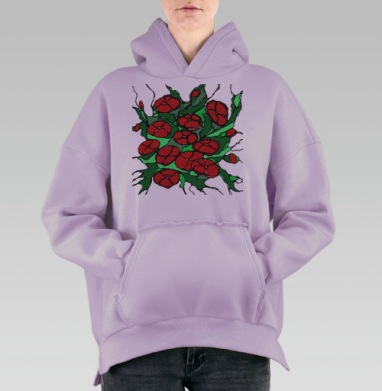 Красные маки на зелёном фоне нейрографика стиль, Hoodie Oversize Fiolet, утепленная