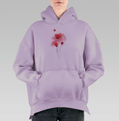 Красные нежные цветы акварельная легкая композиция, Hoodie Oversize Fiolet, утепленная