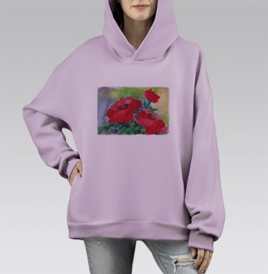 Красный мак букет зелень весенний свежесть, Hoodie Mono Fiolet, оверсайз, утепленная