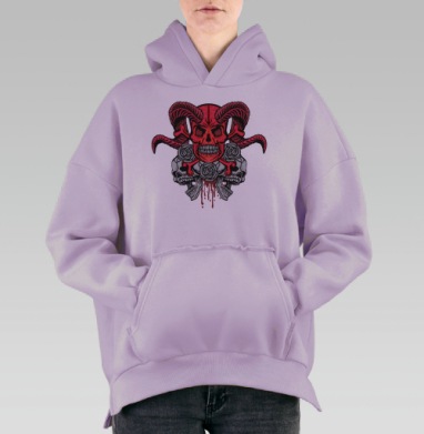 Красный рогатый череп с серыми розами и кровью, Hoodie Oversize Fiolet, утепленная