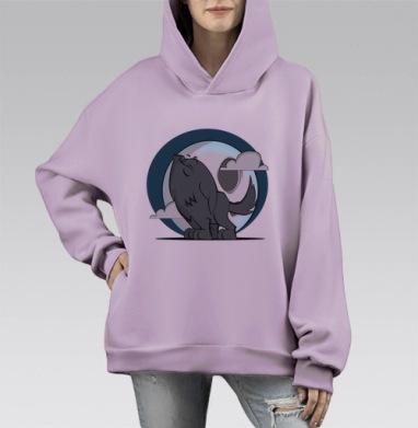 Чёрный волк под полной луной – мистический арт, Hoodie Mono Fiolet, оверсайз, утепленная