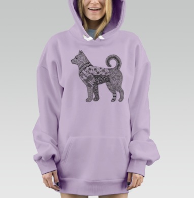 Медитативная орнаментальная собака в графике Черно белая, Hoodie Mjhigh Dig Mel, Fiolet, утепленная